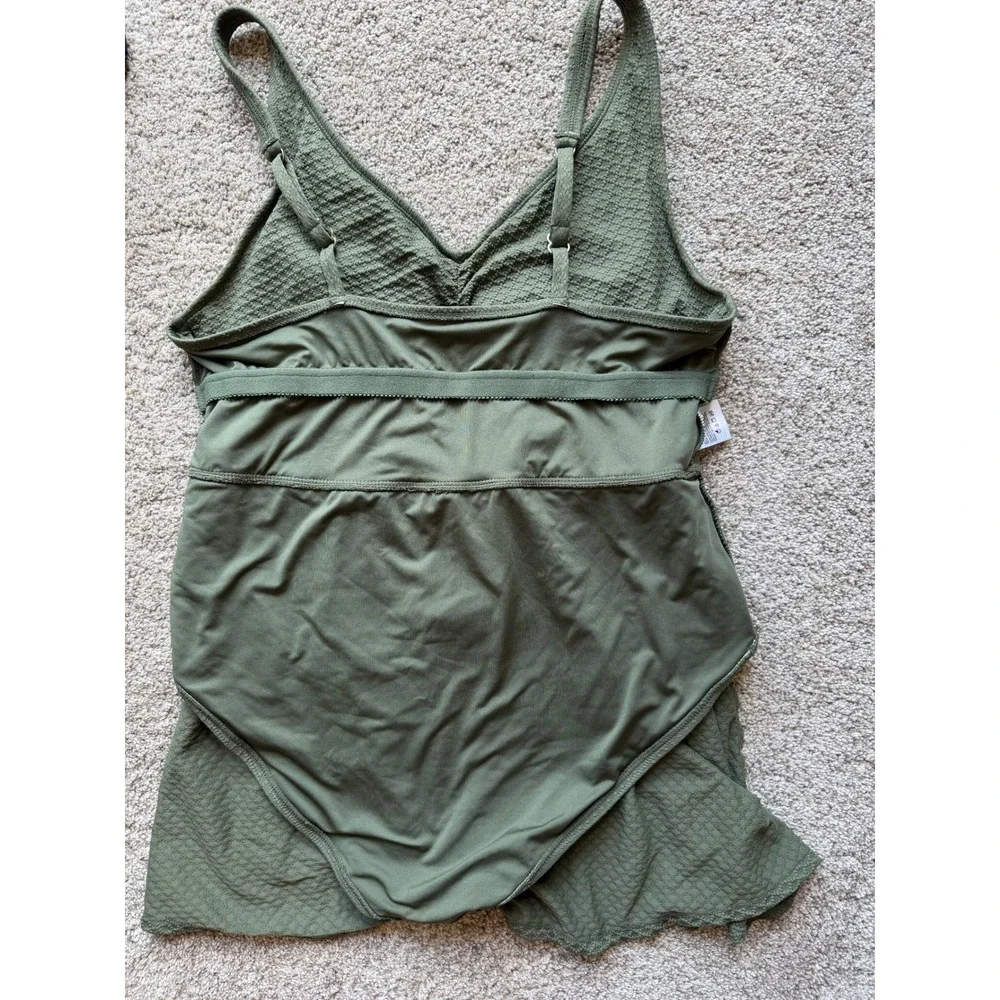 Lands End Womens Olive Green Textured V-Neck Swim Dress One Piece Size L